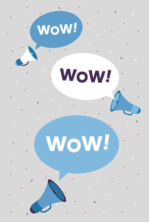 Sale banner or flyer template with loudspeaker icons and WOW message bubbles, flat cartoon vector illustration isolated on blue background. DIscount promotion poster.のイラスト素材