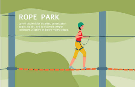 Rope park adventure advertising web banner or landing page background with visitors woman cartoon character climbing on cord ladders, flat vector illustration.のイラスト素材