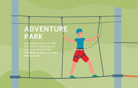 Adventure park banner template with cartoon boy walking on rope bridge with safety equipment and smiling. Child on ropes playground - flat vector illustration.のイラスト素材