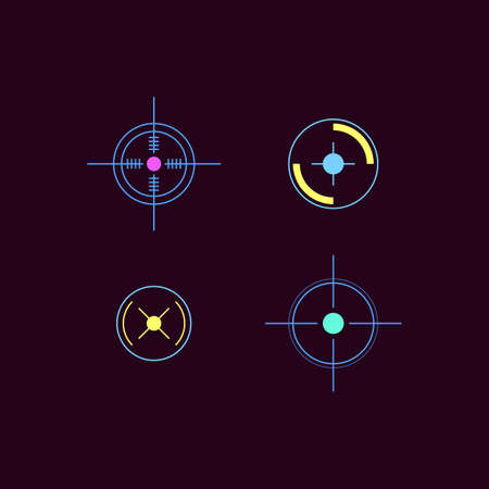 Set of laser tag neon bright target icons or symbols, vector illustration isolated on white background. Military entertainment sportive game signs collection.のイラスト素材