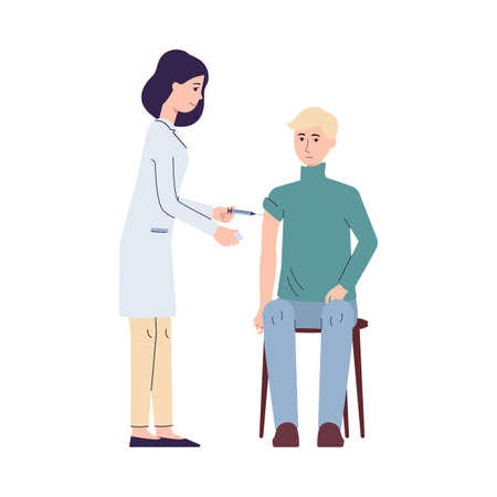Doctor cartoon character with syringe vaccinated a patient, flat vector illustration isolated on white background. Virus epidemic prevention and medical protection.のイラスト素材