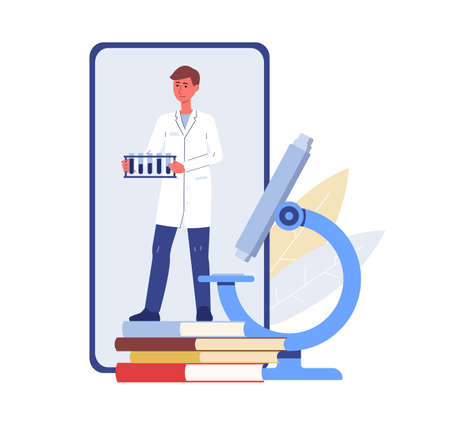 Young scientist with chemical laboratory test tubes and microscope, flat vector illustration isolated on white background. Chemistry distance education and E-learning.のイラスト素材