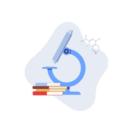 Composition with microscope and stack of books books, vector illustration isolated on white background. E-learning and chemistry or biology studying logo emblem.のイラスト素材