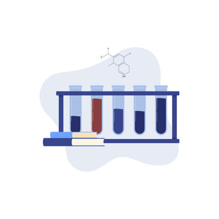 Chemical laboratory test tubes and books for chemistry and physics training courses or online classes, cartoon vector illustration isolated on white background.のイラスト素材