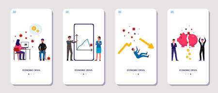 Economic crisis mobile app onboarding slide set with cartoon business people stressed from...