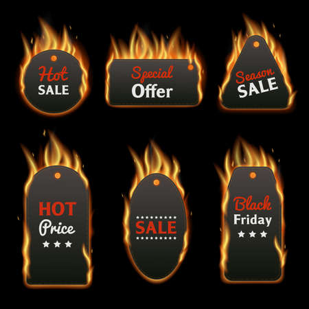 Burning price tag clothing label set with realistic fire and words - hot sale, special offer, season sale, hot price, black Friday - isolated retail shopping text templates vector illustrationのイラスト素材