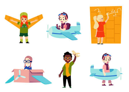 Children playing airplane pilot game - isolated cartoon set of kids wearing plane costume, drawing or sitting on pretend cardboard aircraft. Cute flat vector illustrationのイラスト素材