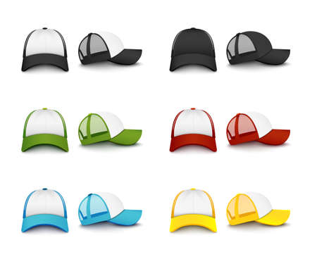 Realistic colorful baseball cap mockup set from front and side view - black and green, red and yellow and blue snapback sport hat collection. Isolated vector illustration.のイラスト素材