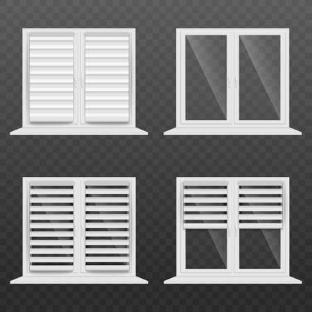 White jalousie window blind set - realistic glass home windows with folding shutters in closed, opening and open form isolated on transparent background. Vector illustration.のイラスト素材