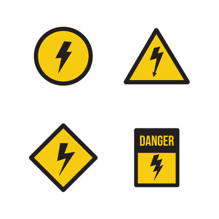 Set of high voltage signs or banners with lightning strike symbols on yellow shield vector illustration isolated on white background. Electric shock warning badges.のイラスト素材