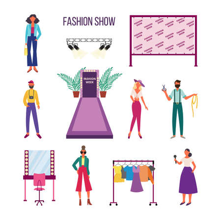 Fashion show cartoon characters set including models, reporter and designer, flat vector illustration isolated on white background. Fashion clothing industry collection.のイラスト素材
