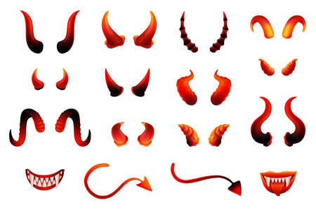 Halloween monster or devil attributes and body parts set, realistic vector illustration isolated on white background. Postcards holiday decoration or stickers.のイラスト素材