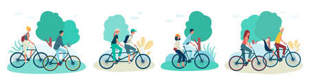 Cartoon couples riding bicycle on summer park, young man and woman on different types of bike -...