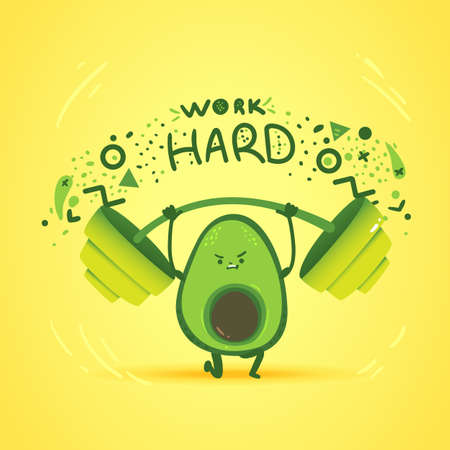 Work Hard - motivational card or banner with avocado cartoon character lifting heavy barbell, flat vector illustration. Fitness and healthy lifestyle background.のイラスト素材