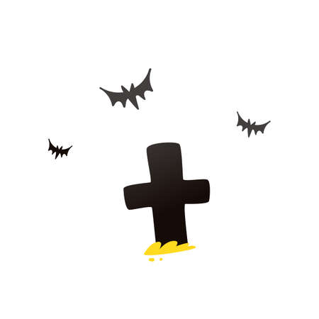 Set of Halloween horror icons or scaring elements - grave cross and flying bats, cartoon vector illustration isolated on white background. Frightening holiday print.のイラスト素材