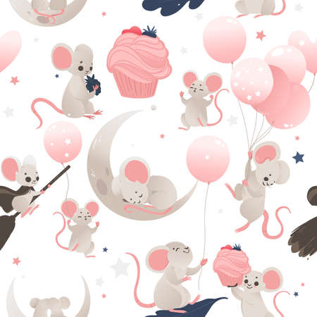 Seamless pattern with cute baby mouse, balloons and cupcakes, flat cartoon vector illustration. Endless repeatable background with funny little animal character.のイラスト素材