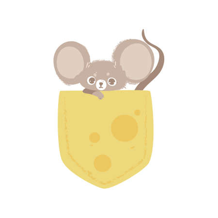 Funny gray mouse or rat character in pocket that looks like cheese, flat vector cartoon illustration isolated on white background. T-shirt textile print design.のイラスト素材