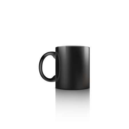 Realistic 3d mockup of a black ceramic mug or cup. Mock up and template of a black ceramic mug for hot drinks, coffee and tea. Isolated realistic vector illustration.のイラスト素材