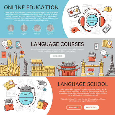 Set of three language school and online education concept banners in sketch style vector illustration. Language courses and e-learning the template design backgrounds.のイラスト素材