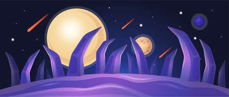 Space and cosmic landscape with planet surface, falling asteroids and comets with craters. Space landscape, background for games and animations with mountains. Flat vector futuristic illustration.のイラスト素材