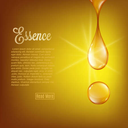 Golden essence oil falling drops on yellow background with copy space, 3d realistic vector illustration. Collagen essence or serum droplets for cosmetics, beauty and spa.のイラスト素材