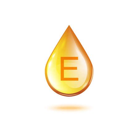 Vitamin E golden oil drop isolated on white background - realistic droplet shape of gold liquid with glowing shiny texture. Healthy supplement vector illustrationのイラスト素材