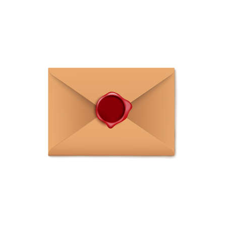 Brown paper letter envelope with dark red wax seal isolated on white background - round blank wax seal design mockup template. Realistic vector illustration.のイラスト素材