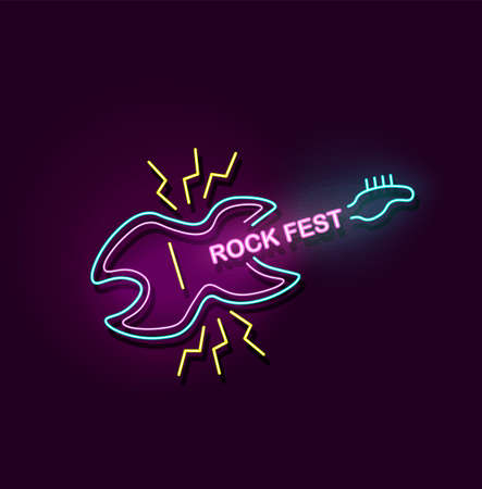 Rock fest neon sign with electric guitar icon and glowing colorful light - music concert or night club festival event  - modern vector illustrationのイラスト素材