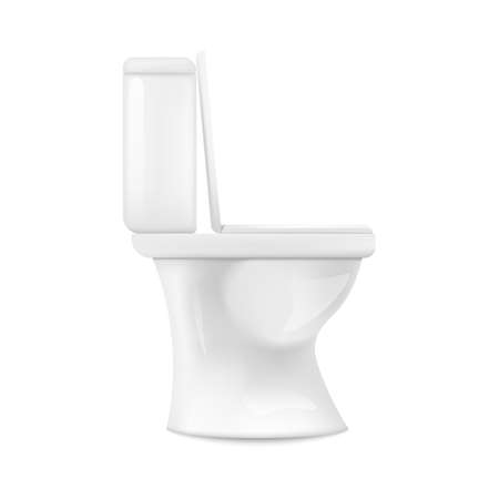 Realistic white ceramic toilet from side view isolated on white background - modern bathroom fixture with sparkly clean shiny surface. Vector illustrationのイラスト素材
