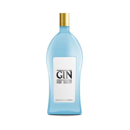 Light blue gin bottle with golden cap - realistic mockup isolated on white background. Alcohol drink label template with shiny glass texture, vector illustrationのイラスト素材