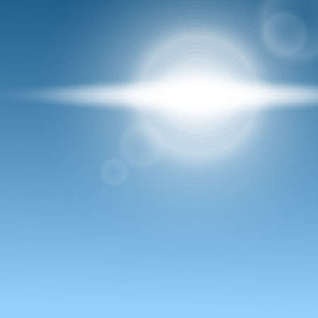 Sunshine on blue sky - realistic white lens flare from bright sun light on light blue background. Sunny weather backdrop - vector illustration.のイラスト素材