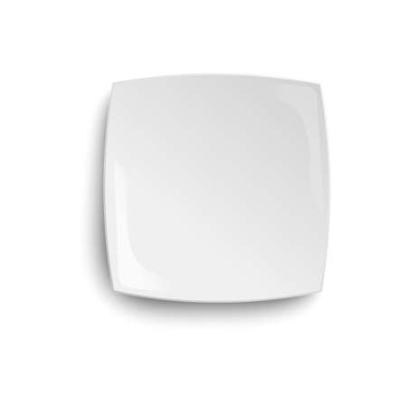 Empty white ceramic plate with square shape - realistic mockup from top view isolated on white background. Blank shiny dish design template - vector illustration.のイラスト素材