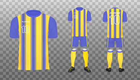 Blue and yellow striped soccer kit mockup set from front and back view - realistic mock up template of football shirt with player number, shorts and socks. Vector illustration.のイラスト素材