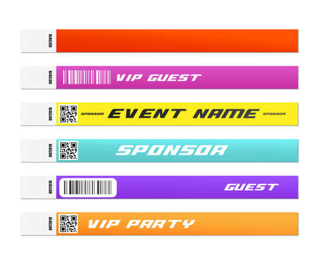 VIP party guest admission wristband mockup set - realistic colorful paper bracelet collection with text template for sponsor and event name and QR bar code, vector illustrationのイラスト素材