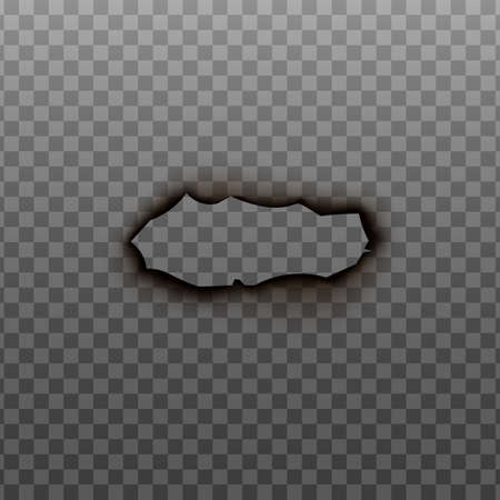 Burnt in fire hole surface with charred border realistic vector illustration isolated on transparent background. Template or layout with destroyed in fire texture.のイラスト素材
