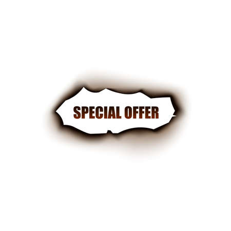 Special Offer text in frame in shape of burnt hole realistic vector mockup illustration isolated on white background. Template of advertising banner on burnt paper.のイラスト素材