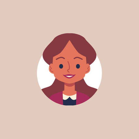 Cheerful cartoon girl with brown hair - flat isolated avatar in circle frame. Isolated portrait...
