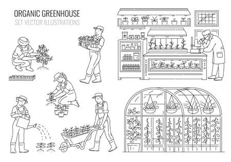 Set with plants and people cartoon characters working in greenhouse, thin black line vector illustration isolated on white background. Gardening and planting industry.のイラスト素材
