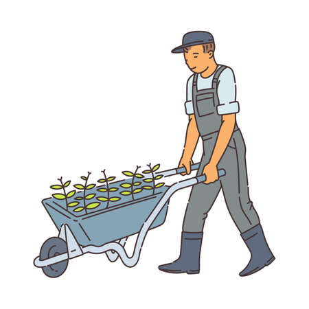 Farmer man walking with metal wheel barrow with green plants - cartoon man in overalls pushing cart with seedlings to another location. Flat isolated vector illustration.のイラスト素材