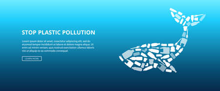 Stop ocean plastic pollution - ecology poster with whale shape made out of garbage waste. White fish silhouette from trash - environment protection vector illustration.のイラスト素材