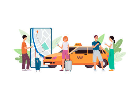 People cartoon characters ordering car using mobile phone application, flat vector illustration isolated on white background. Transport service internet technology.のイラスト素材