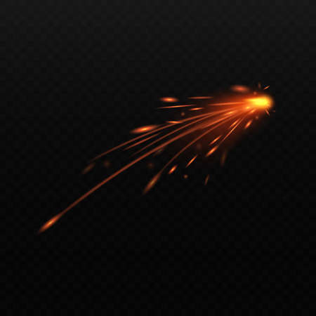 Realistic fire spark flying away isolated on dark background - sparkle trail of bright orange light...