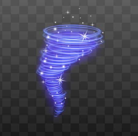 Neon blue lighting tornado or swirl sparkling glowing hurricane vector illustration isolated on black background. Swirling wind storm of shining glitter elements.のイラスト素材