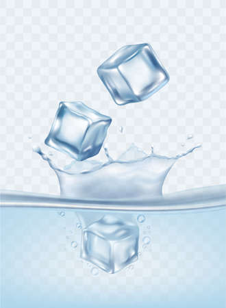 Three ice cubes falling into clear blue water isolated on transparent background - realistic vector illustration of frozen ice pieces creating liquid splash.のイラスト素材