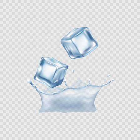 Blue ice cubes pile falling into water splash, realistic vector illustration isolated on transparent background. Solid crystal clear cocktail ice blocks.のイラスト素材