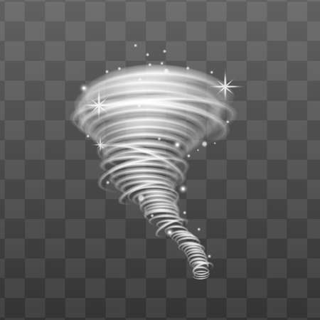 Glowing lighting tornado effect 3d realistic vector illustration isolated on transparent background. Typhoon whirlwind or hurricane funnel with shining white sparkles.のイラスト素材