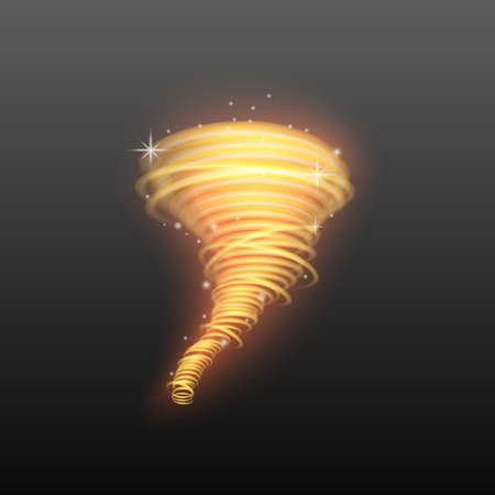 Golden magic light tornado swirl isolated on dark background - glowing shiny hurricane vortex with sparkling stars and magical glitter effect, vector illustration.の写真素材
