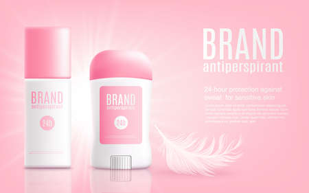 Advertising antiperspirant banner mockup in pink colour, realistic vector illustration isolated on white background. Woman roll-on-deodorant white bottles template.のイラスト素材