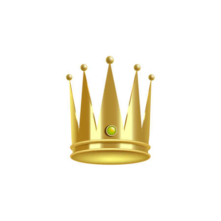 Shiny and spiky gold king crown isolated on white background. Golden royal head decoration with sharp spikes and gem stone - realistic vector illustrationのイラスト素材