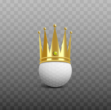White golf ball wearing shiny golden king crown - realistic vector illustration isolated on transparent background. Golfing champion victory award element.のイラスト素材